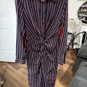 Striped Long Sleeve Dress - Navy and Red